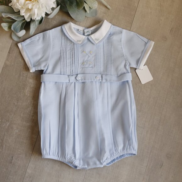 Feltman Brothers Other - Feltman Brothers Boy's Heirloom Blue Romper Creeper RARE DESIGN Race Car NWT